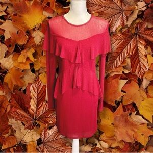 NWT Zara W&B Collection Red Sheer Tiered Ruffle Detail Mini Dress Size Medium